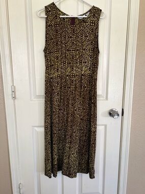 Vintage Wind River Rayon Midi Dress L | Brown Olive Geometric Print Sleeveless